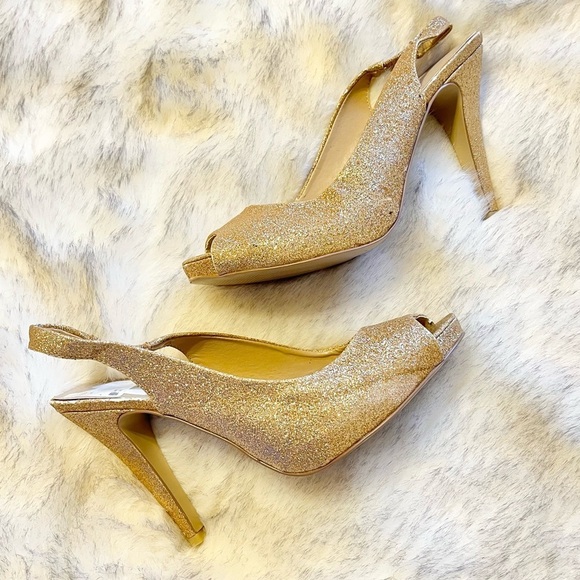 Nine West Gold Glitter Sling back Peep Toe Heels Size 8M - Picture 1 of 13